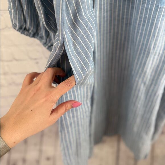 UNIQLO X J.W. ANDERSON Linen Blend Striped Gathered 3/4 Sleeved Dress - Picture 7 of 15